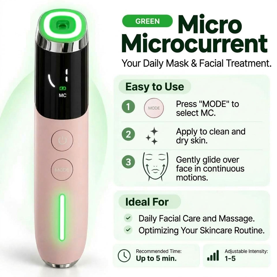 MC mode on the VELYSERA Face Booster: microcurrent and green LED for fine lines and contours
