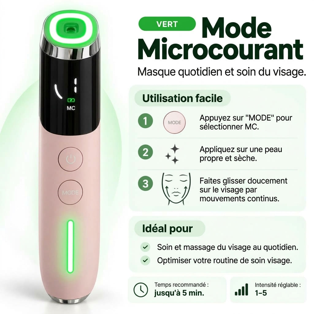 Mode MC du Booster Visage VELYSERA : micro-courant et LED verte pour les ridules et les contours