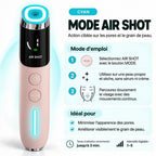 Mode AIR SHOT du Booster Visage VELYSERA : technologie sans aiguille et LED cyan pour les pores et le grain de peau