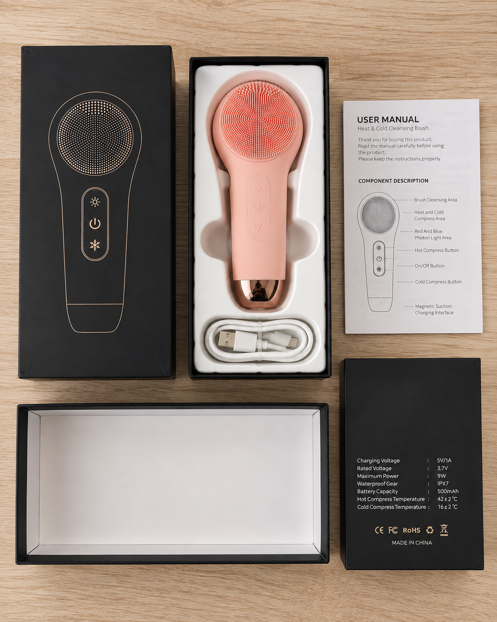 Coffret de la brosse nettoyante visage avec appareil rose, câble USB et manuel