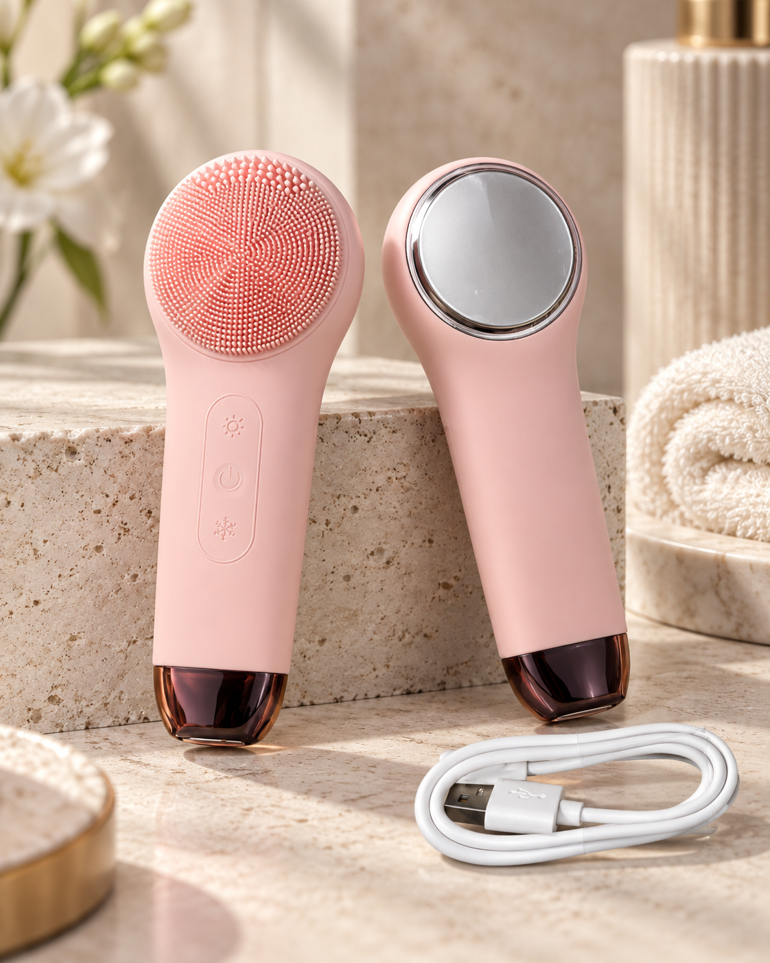 Brosse nettoyante visage rose avec face silicone et surface chaud froid