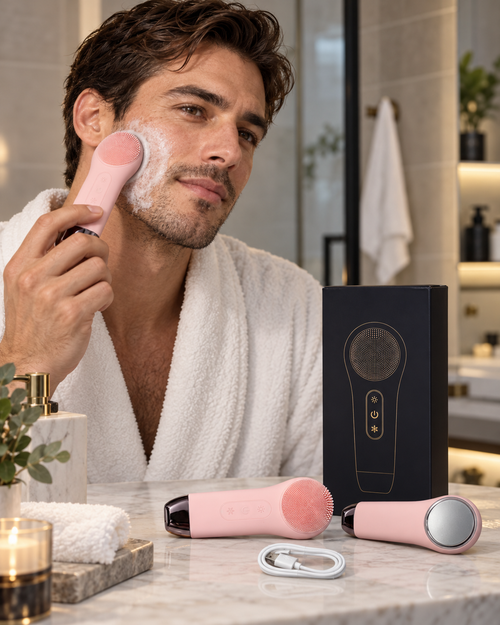 Homme utilisant une brosse nettoyante visage rose dans sa routine de soin