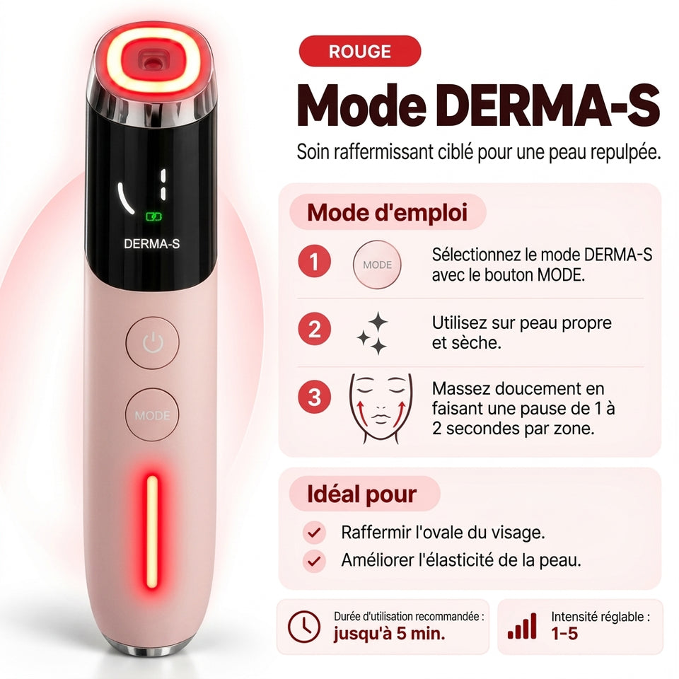 Mode DERMA-S du Booster Visage VELYSERA : électrostimulation EMS et LED rouge pour la fermeté de l’ovale