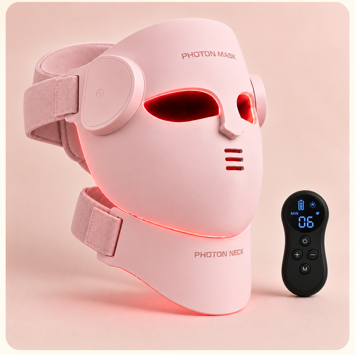 Pink VELYSERA LED face mask illuminated with red light, neck module and wireless controller.