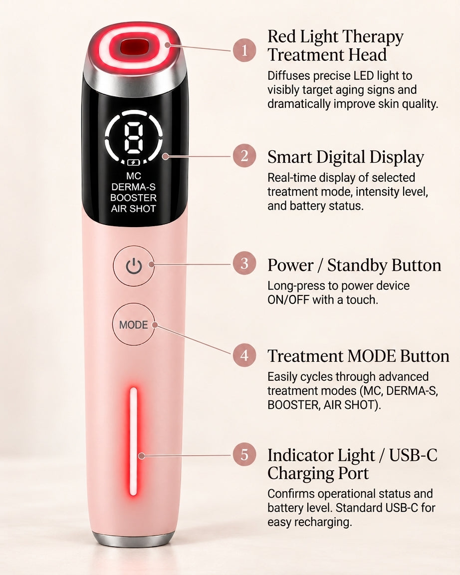 VELYSERA Face Booster in pink: labelled diagram of the treatment head, display, buttons and indicator light