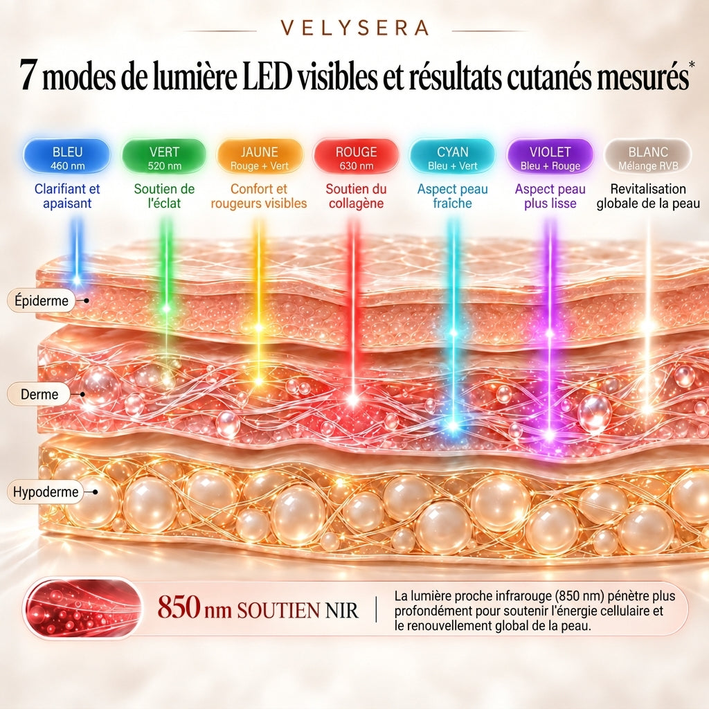 Infographie VELYSERA montrant les longueurs d’onde LED et les couches de la peau