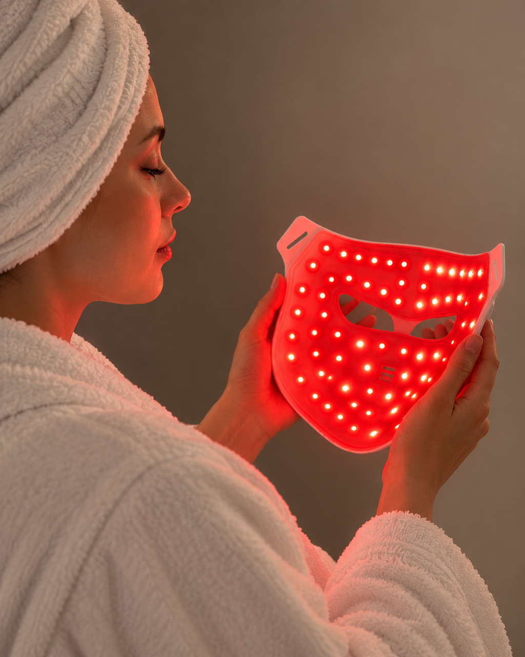 Intérieur du masque LED VELYSERA avec diodes rouges visibles pendant une routine de soin