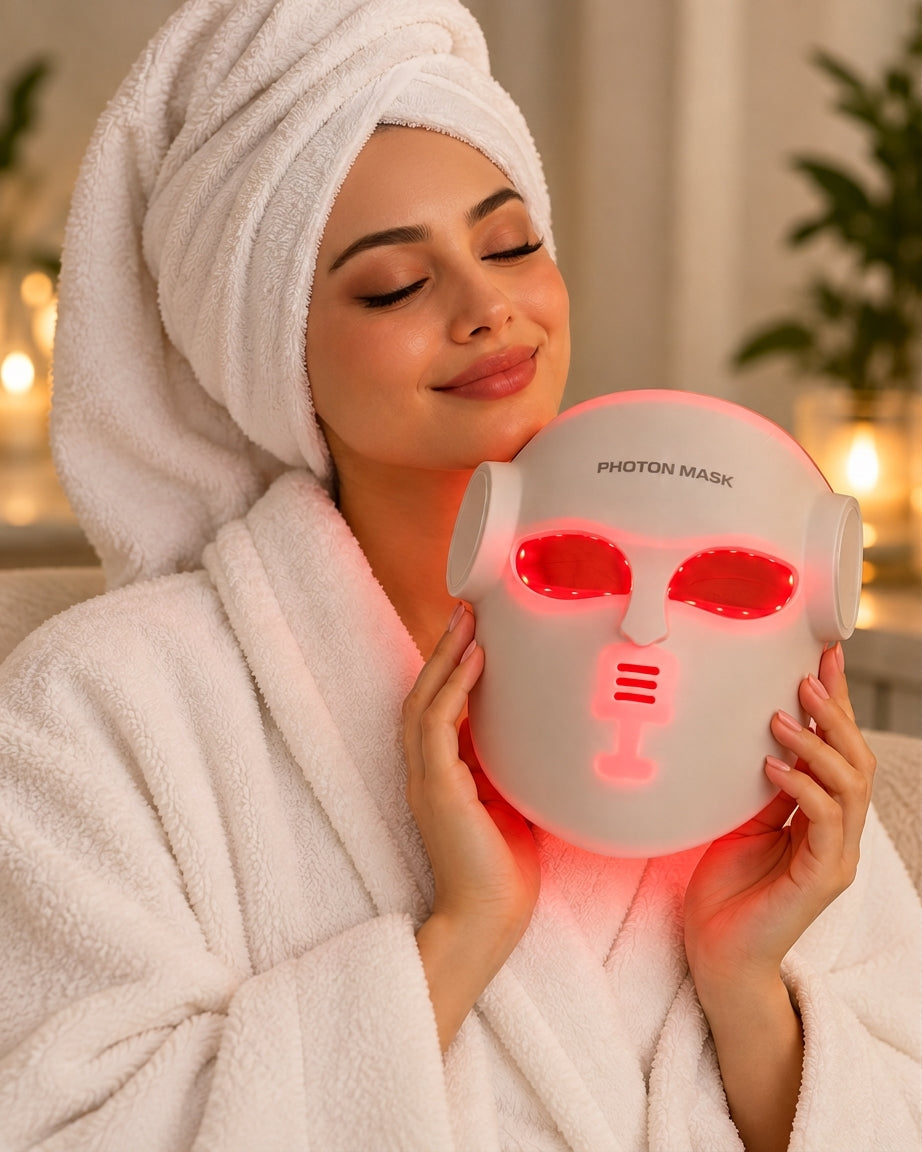 Femme tenant le masque LED VELYSERA rose dans une ambiance soin et détente