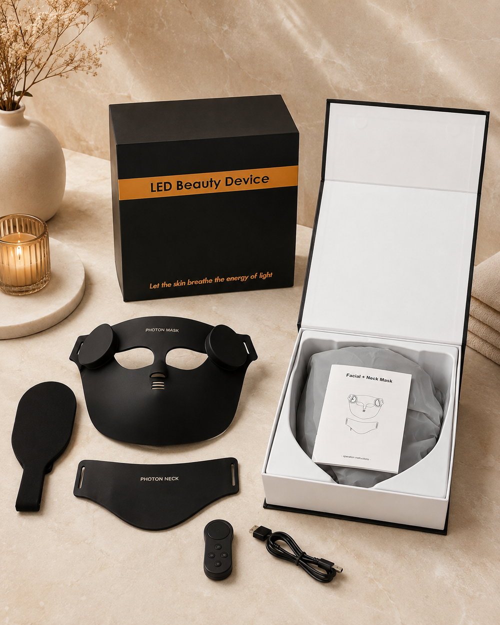 Coffret VELYSERA : masque LED visage, masque cou, contrôleur et accessoires