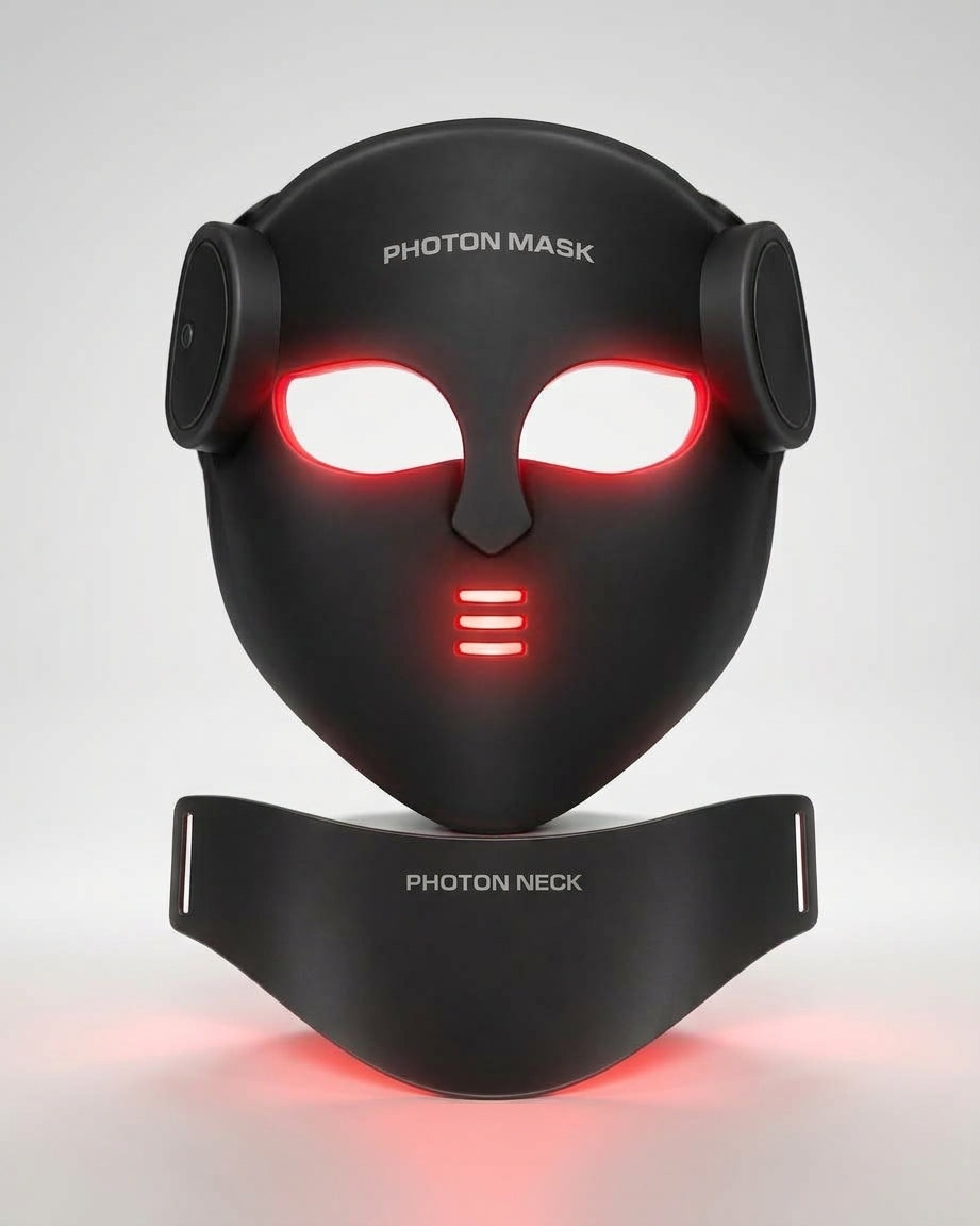 Masque LED VELYSERA visage et masque cou allumés en lumière rouge