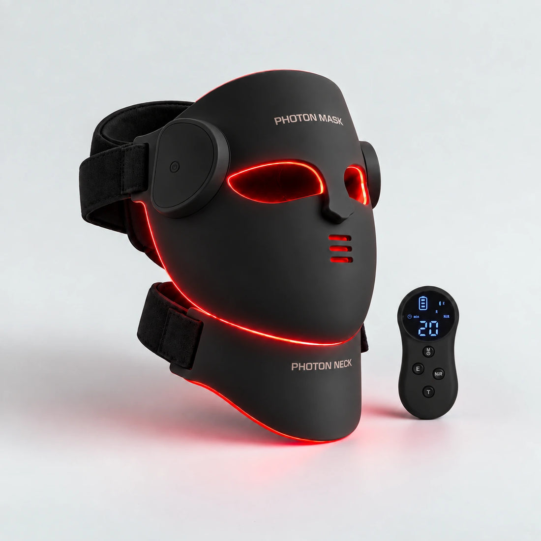 Masque LED VELYSERA visage et masque cou allumés en lumière rouge