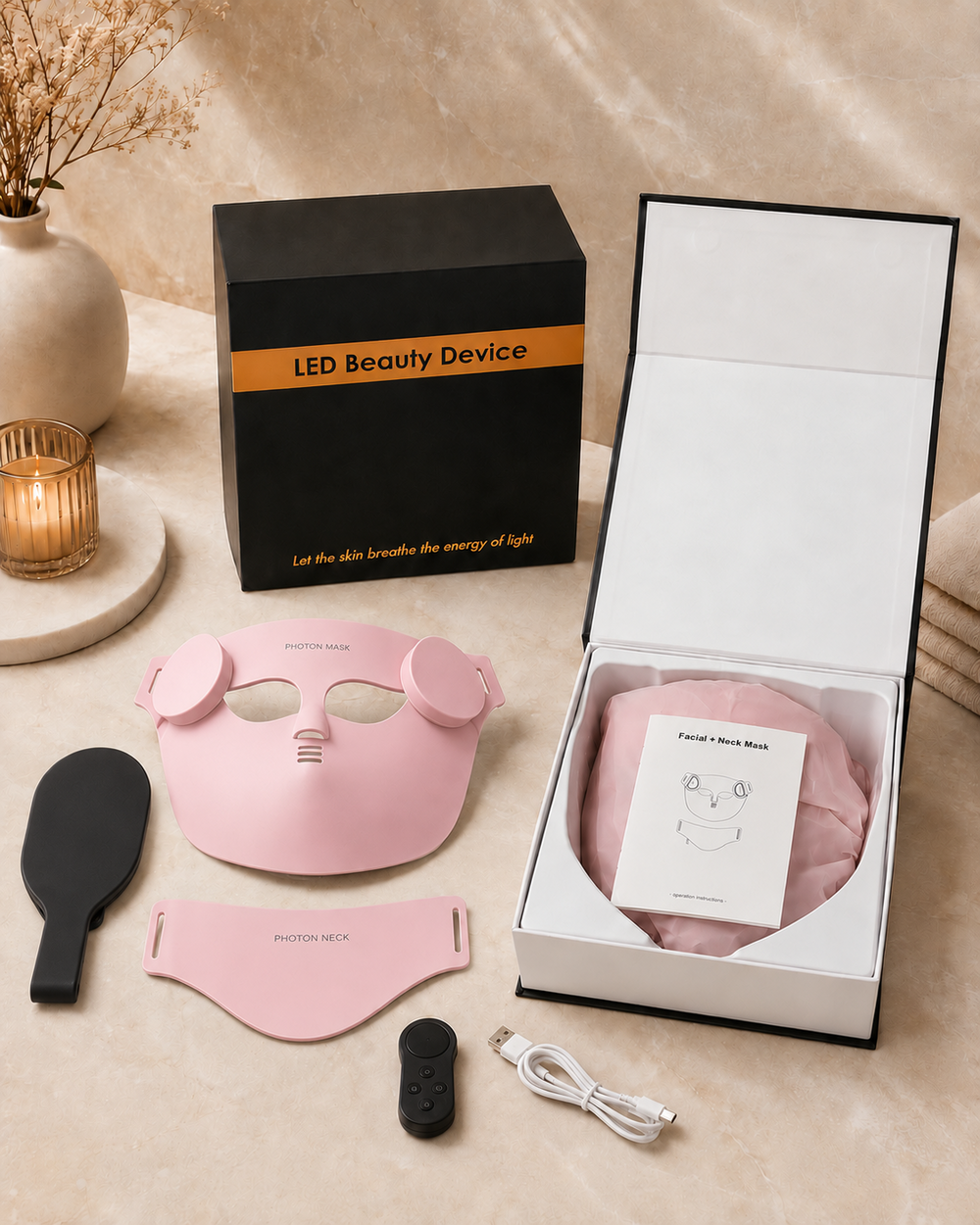 Coffret VELYSERA : masque LED visage, masque cou, contrôleur et accessoires