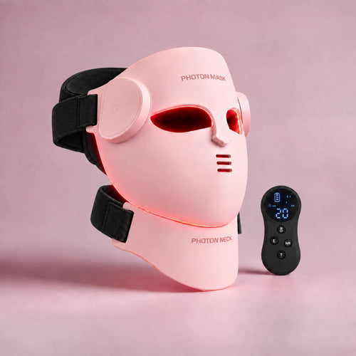 Masque LED visage et cou VELYSERA rose avec sangles noires, lumière rouge et télécommande sans fil