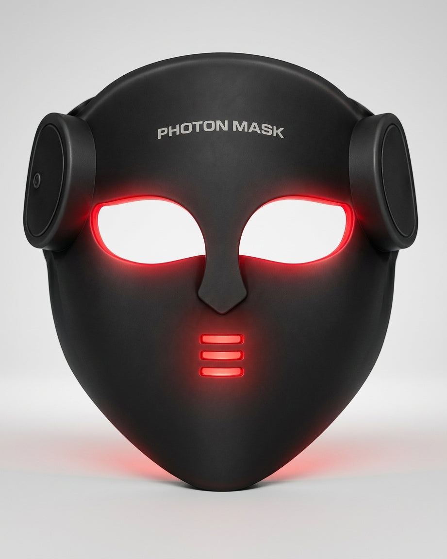 Masque LED visage VELYSERA noir allumé en lumière rouge